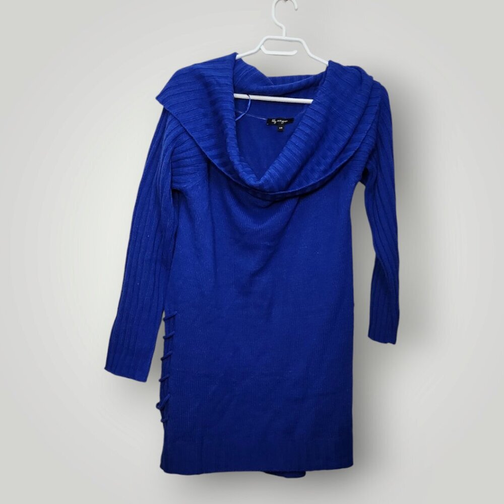 LILY MORGAN WOMENS SIZE LARGE BLUE TURTLE NECK SWEATER WITH LACE DOWN THE SIDE - Picture 5 of 6